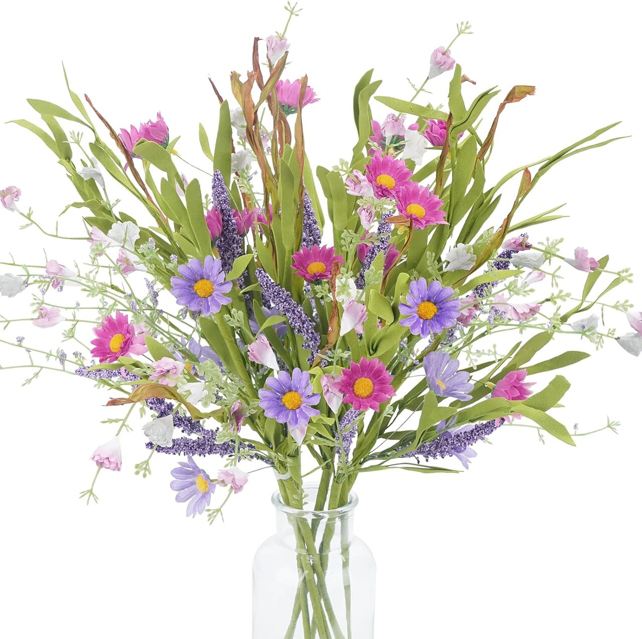 8 Bundles Spring Fake Flowers Artificial Daisy Lavender Flowers Stem Picks Faux Silk Spring Flowers Fake Wildflowers Bouquet for Home Indoor Table Vase Wedding Party Decor